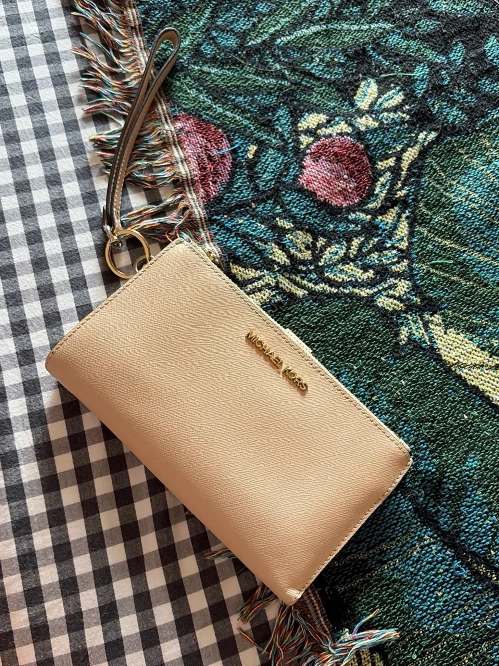 Michael Kors Cream Leather Wristlet Clutch with Gold Logo